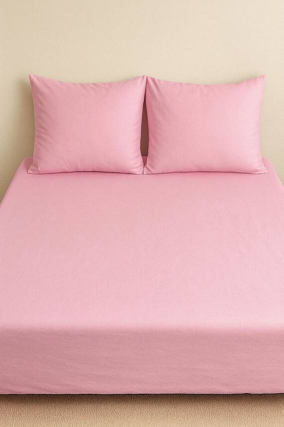 %100 Pamuk 63 Tel Çarşaf ve Yastık Kılıfı Seti 160x200 - Pudra - 1