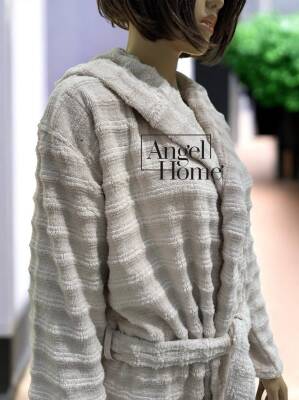 %100 Pamuklu Bej Rengi Dokulu Unisex Banyo Bornozu – Yumuşak ve Emilimli - Angel Home