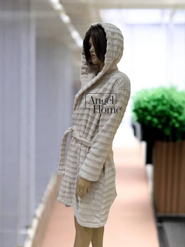 %100 Pamuklu Bej Rengi Dokulu Unisex Banyo Bornozu – Yumuşak ve Emilimli - 6