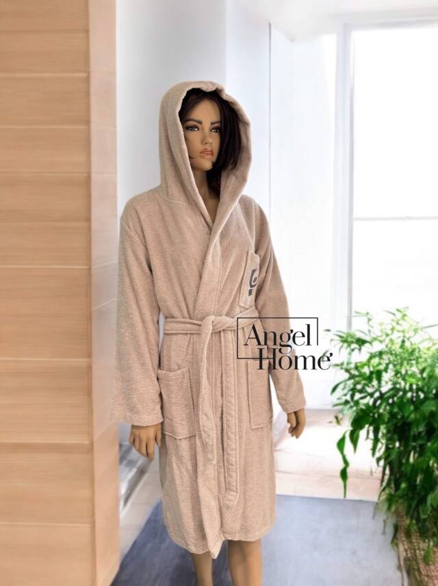 %100 Pamuklu Bej Rengi Unisex Banyo Bornozu – S/M Boyutunda, Yumuşak ve Emilimli - 1