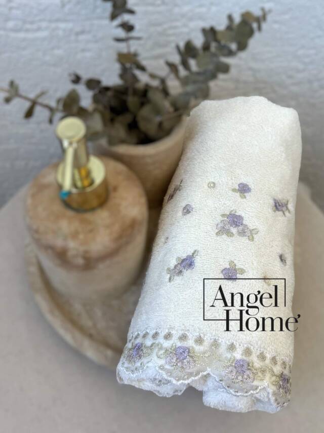 %100 Pamuk Yüz Havlusu Nakışlı ve Çiçek Motifli - Mürdüm - 3