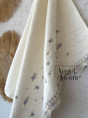 %100 Pamuk Yüz Havlusu Nakışlı ve Çiçek Motifli - Mürdüm - 2