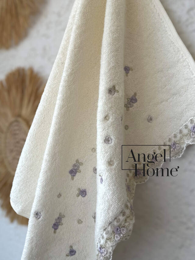 %100 Pamuk Yüz Havlusu Nakışlı ve Çiçek Motifli - Mürdüm - 2