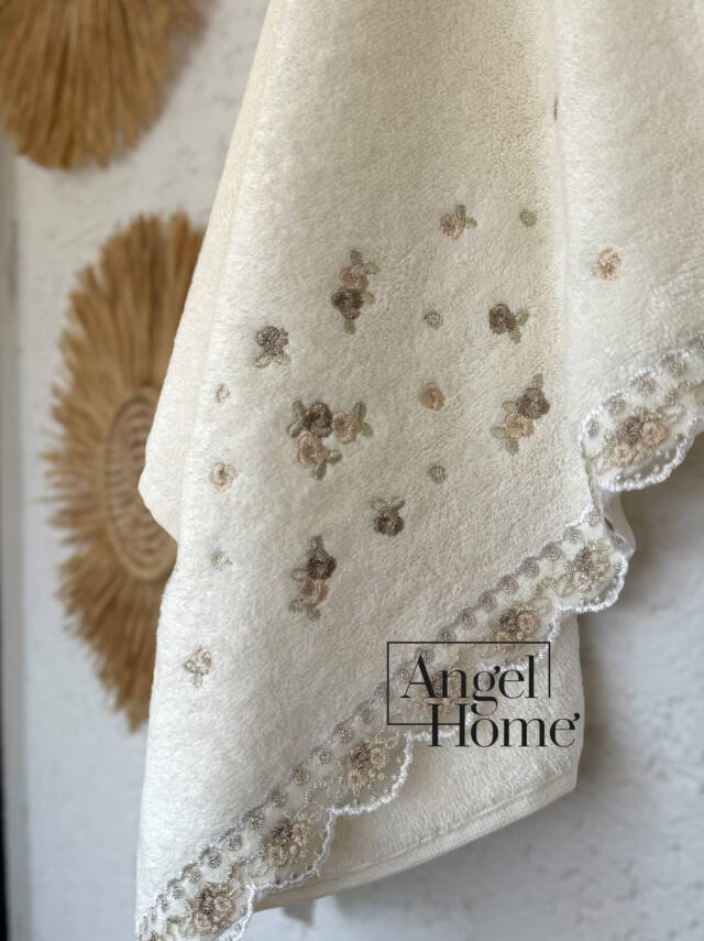 %100 Pamuk Yüz Havlusu Nakışlı ve Çiçek Motifli - Vizon - 2