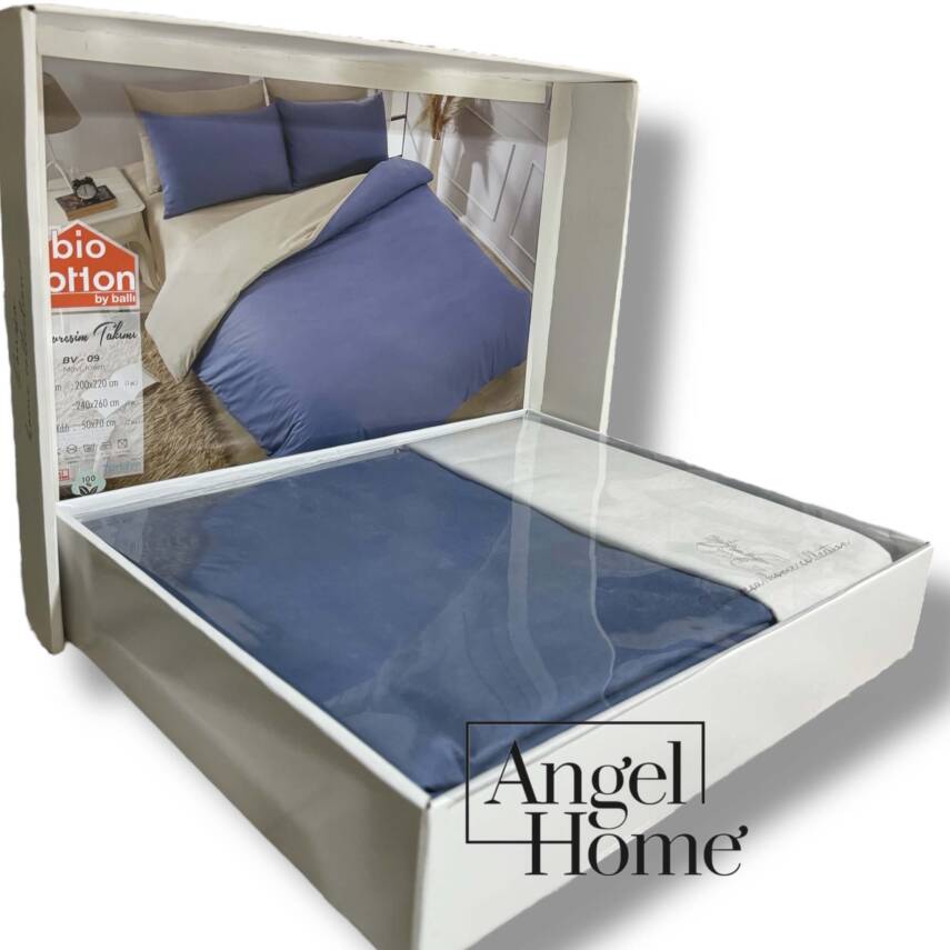 Çift Kişilik %100 Pamuk Ranforce Nevresim Takımı - Mavi/Krem - 2