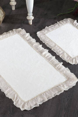 %100 Pamuk Kitty Çizgi Kumaşlı ve Dantelli 2'li Paspas Set - Bej - Nazik Home