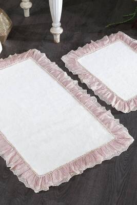 %100 Pamuk Kitty Çizgi Kumaşlı ve Dantelli 2'li Paspas Set - Pembe - Nazik Home