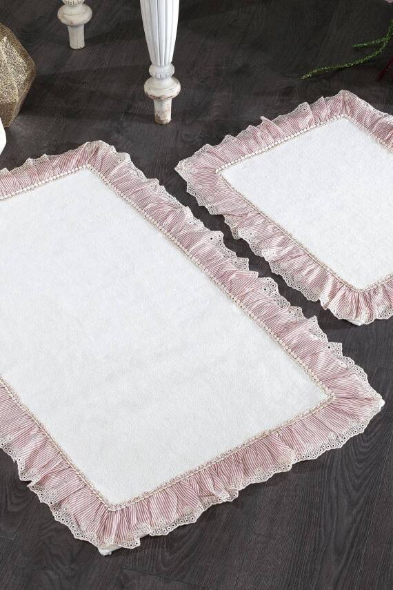 %100 Pamuk Kitty Çizgi Kumaşlı ve Dantelli 2'li Paspas Set - Pembe - 1
