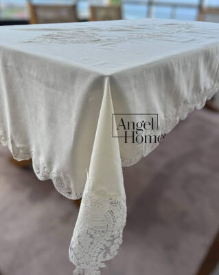 Fransız Dantelli Keten Leke Tutmaz Dertsiz Masa Örtüsü - 160x260 cm - Angel Home