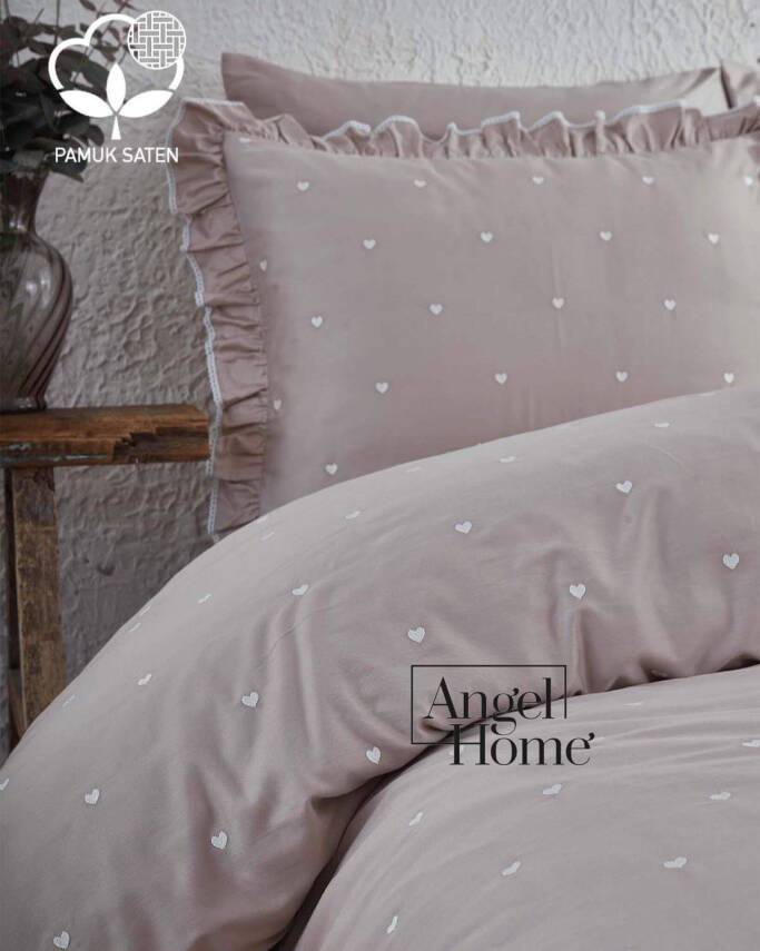 Amore Pamuk Saten Kalpli Çift Kişilik Nevresim Takımı | 6 Parça Set Vizon - 2