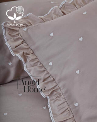 Amore Pamuk Saten Kalpli Çift Kişilik Nevresim Takımı | 6 Parça Set Vizon - 3