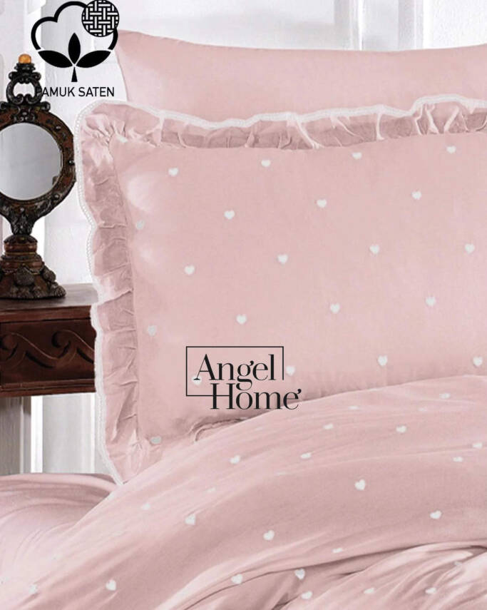 Amore Pamuk Saten Kalpli Çift Kişilik Nevresim Takımı | 6 Parça Set Pudra - 2