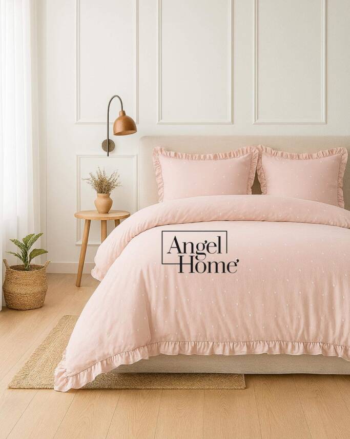 Amore Pamuk Saten Kalpli Çift Kişilik Nevresim Takımı | 6 Parça Set Pudra - 1