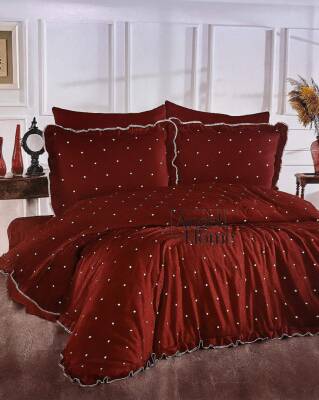 Amore Pamuk Saten Kalpli Çift Kişilik Nevresim Takımı | 6 Parça Set Bordo - Nazik Home