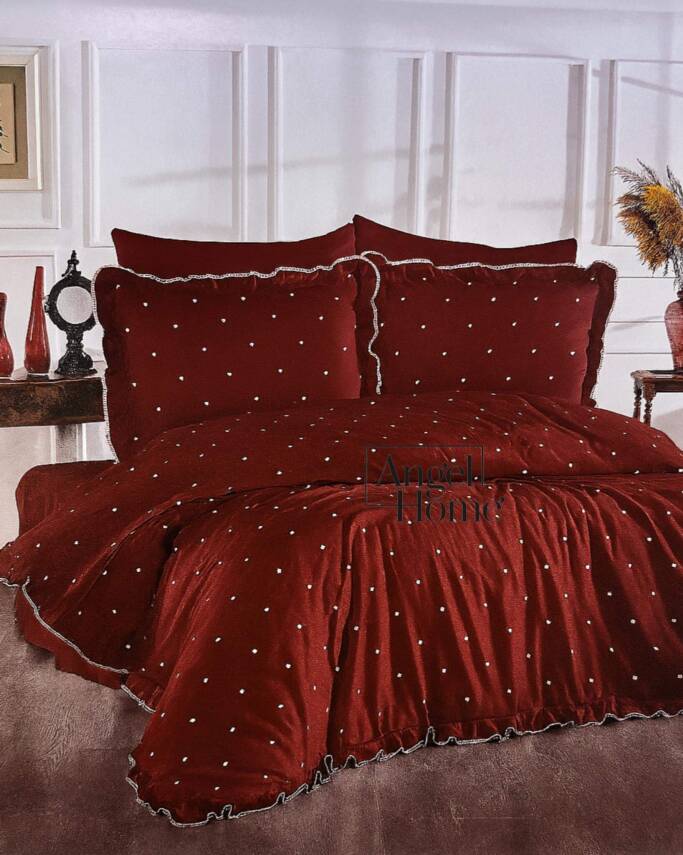 Amore Pamuk Saten Kalpli Çift Kişilik Nevresim Takımı | 6 Parça Set Bordo - 1