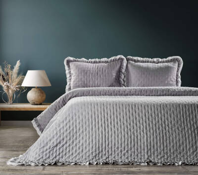 Angel Home Fırfırlı Çift Kişilik Yatak Örtüsü 240x260 + 2 Yastık Kılıfı - Gri 