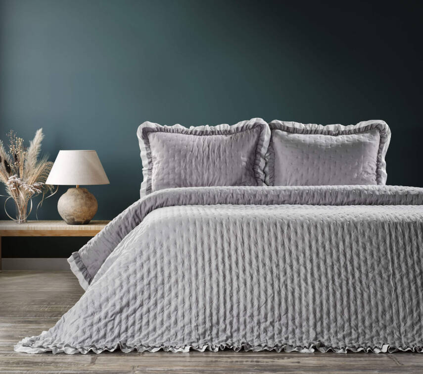 Angel Home Fırfırlı Çift Kişilik Yatak Örtüsü 240x260 + 2 Yastık Kılıfı - Gri - 1