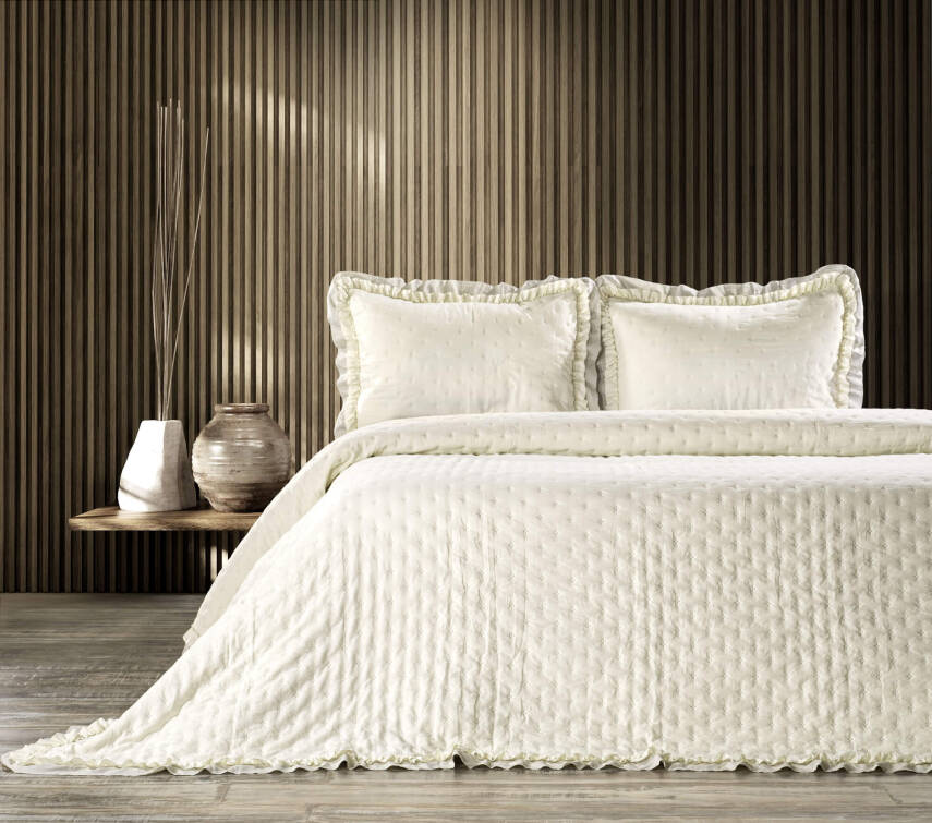 Angel Home Fırfırlı Çift Kişilik Yatak Örtüsü 240x260 + 2 Yastık Kılıfı - Krem - 1