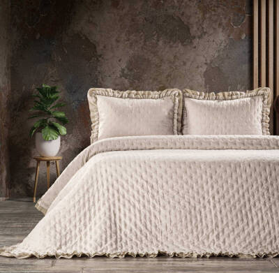 Angel Home Fırfırlı Çift Kişilik Yatak Örtüsü 240x260 + 2 Yastık Kılıfı - Vizon - Angel Home