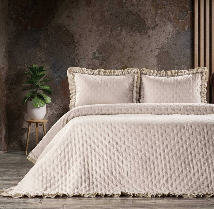 Angel Home Fırfırlı Çift Kişilik Yatak Örtüsü 240x260 + 2 Yastık Kılıfı - Vizon - 1