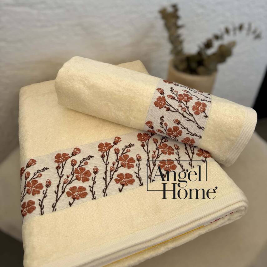 Çiçek Motifli Havlu Seti - Kiremit - 2