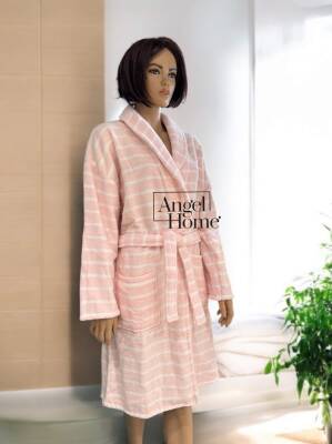 Beyaz Çizgili Pudra Kadın Bornoz – %100 Pamuk, Yüksek Emilimli & Yumuşak - Angel Home