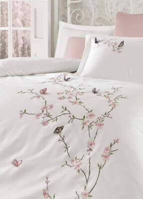 Butterfly %100 Pamuk Saten 3D Nakışlı Çift Kişilik Nevresim Takımı - Beyaz-Pembe - 2