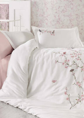 Butterfly %100 Pamuk Saten 3D Nakışlı Çift Kişilik Nevresim Takımı - Beyaz-Pembe - Dantela