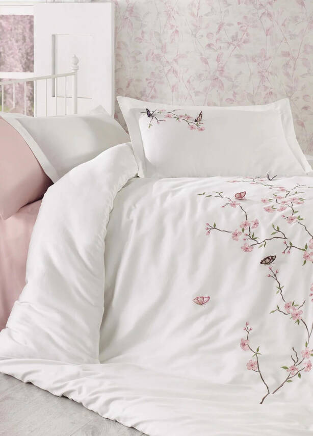 Butterfly %100 Pamuk Saten 3D Nakışlı Çift Kişilik Nevresim Takımı - Beyaz-Pembe - 1