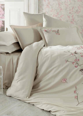 Butterfly %100 Pamuk 3D Saten Nakışlı Çift Kişilik Nevresim Takımı - Bej-Pembe - Dantela