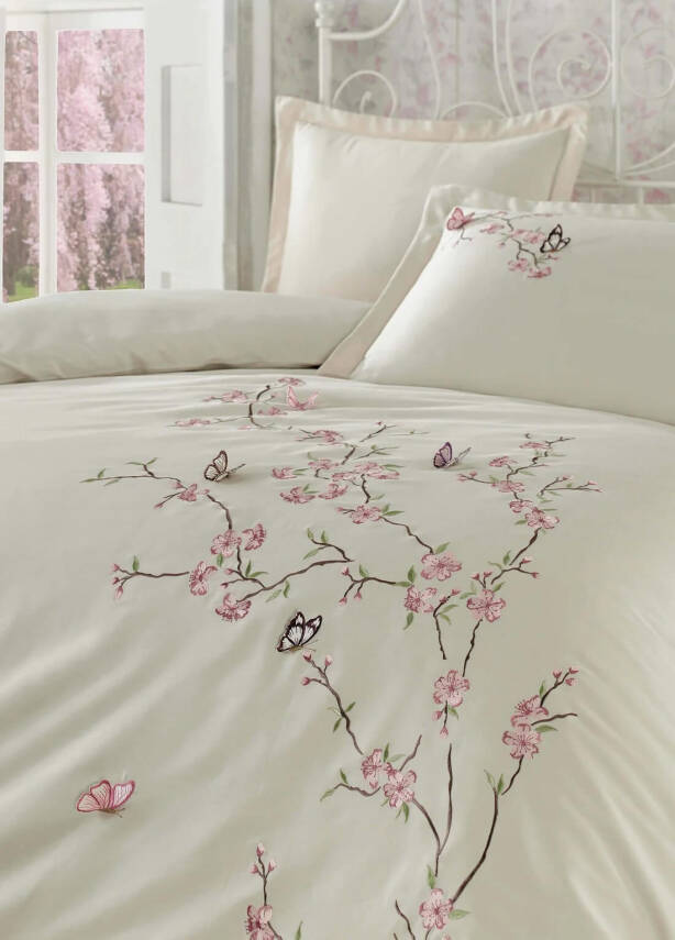 Butterfly %100 Pamuk 3D Saten Nakışlı Çift Kişilik Nevresim Takımı - Bej-Pembe - 2