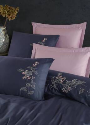 Efra %100 Pamuk Saten Nakışlı Çift Kişilik Nevresim Takımı - Lacivert - 3