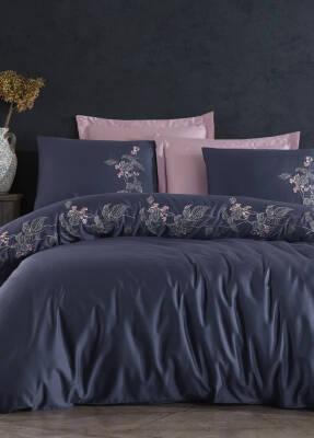 Efra %100 Pamuk Saten Nakışlı Çift Kişilik Nevresim Takımı - Lacivert - Dantela