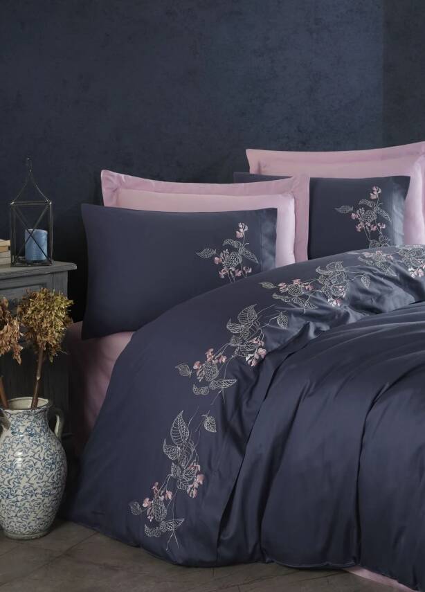 Efra %100 Pamuk Saten Nakışlı Çift Kişilik Nevresim Takımı - Lacivert - 2