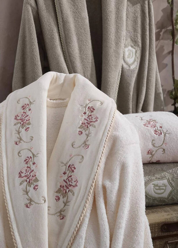 Gardenya 6 Parça %100 Pamuk Nakışlı Bornoz Seti - Krem/Bej - 2