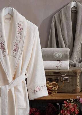 Gardenya 6 Parça %100 Pamuk Nakışlı Bornoz Seti - Krem/Bej - Dantela