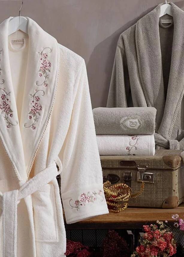 Gardenya 6 Parça %100 Pamuk Nakışlı Bornoz Seti - Krem/Bej - 1