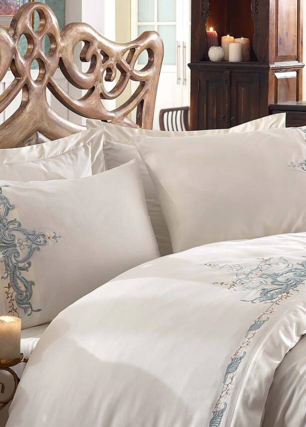 Hare %100 Pamuk Saten Nakışlı Çift Kişilik Nevresim Takımı - Bej - 2