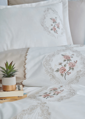 İsabella %100 Pamuk Saten Nakışlı Çift Kişilik Nevresim Takımı - Bej - 2