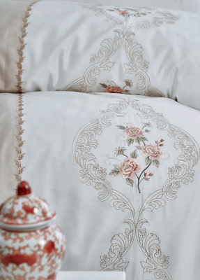 İsabella %100 Pamuk Saten Nakışlı Çift Kişilik Nevresim Takımı - Bej - 3