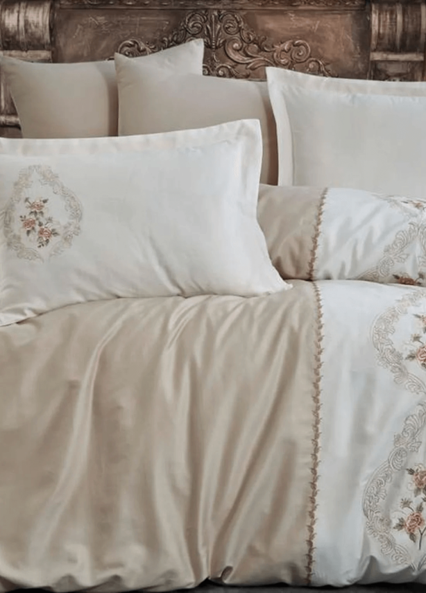 İsabella %100 Pamuk Saten Nakışlı Çift Kişilik Nevresim Takımı - Bej - 1