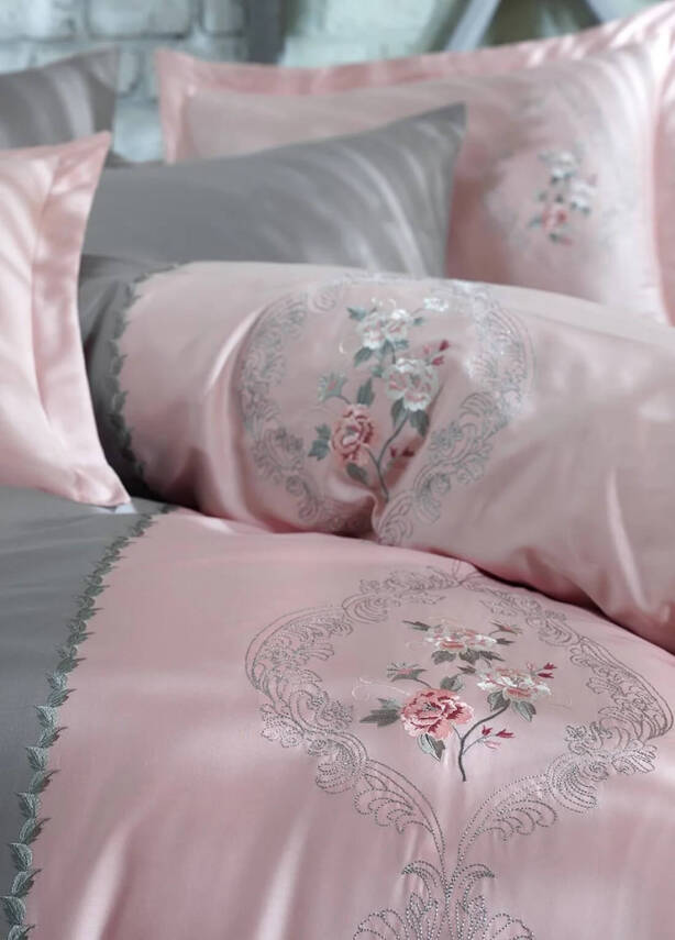 İsabella %100 Pamuk Saten Nakışlı Çift Kişilik Nevresim Takımı - Pudra - 2