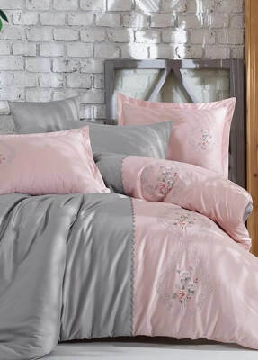İsabella %100 Pamuk Saten Nakışlı Çift Kişilik Nevresim Takımı - Pudra - Dantela