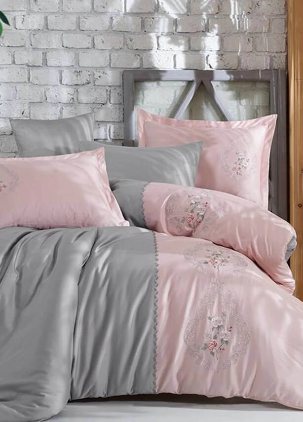 İsabella %100 Pamuk Saten Nakışlı Çift Kişilik Nevresim Takımı - Pudra - 1