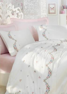 Lara %100 Pamuk Saten Nakışlı Çift Kişilik Nevresim Takımı - Beyaz - Dantela