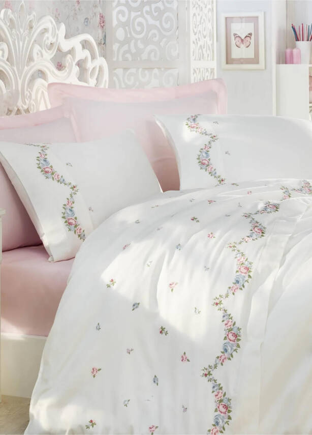 Lara %100 Pamuk Saten Nakışlı Çift Kişilik Nevresim Takımı - Beyaz - 1