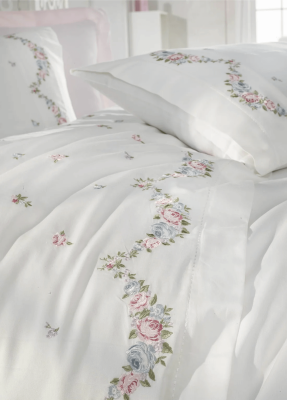 Lara %100 Pamuk Saten Nakışlı Çift Kişilik Nevresim Takımı - Beyaz - 2