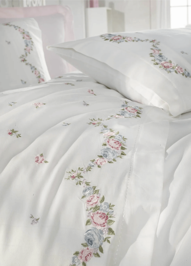 Lara %100 Pamuk Saten Nakışlı Çift Kişilik Nevresim Takımı - Beyaz - 2