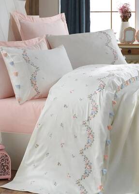 Lara %100 Pamuk Saten Nakışlı Çift Kişilik Pike Takımı - Beyaz/Pudra - Dantela