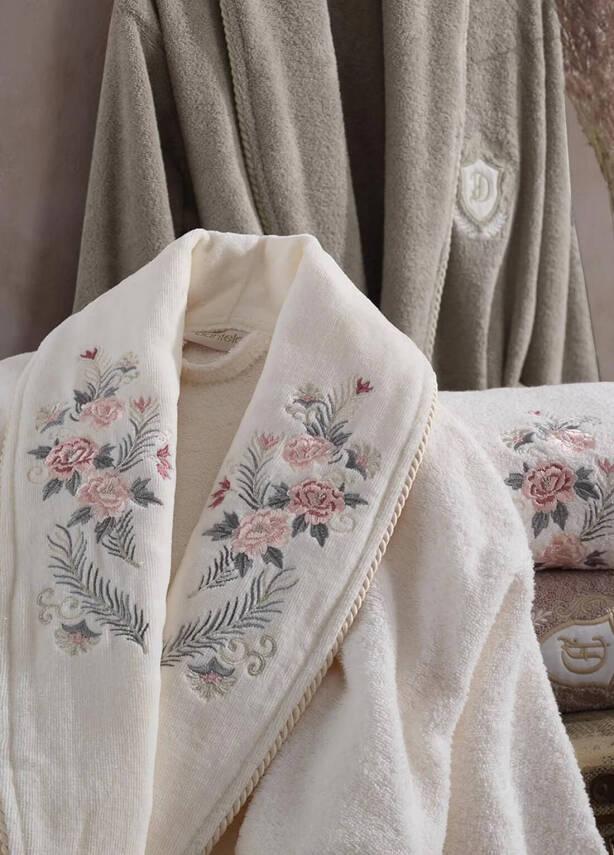 Larosa 6 Parça %100 Pamuk Nakışlı Bornoz Seti - Krem/Bej - 2
